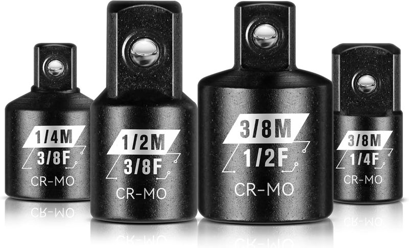 BLACKROBOT 4 Piece Impact Socket Adapter Set, 1/4" 3/8" 1/2" SAE Drive Socket Adapter Set, Square Adapter and Reducer Conversion Set for Impact Driver Wrench, Cr-Mo Steel - Image 1